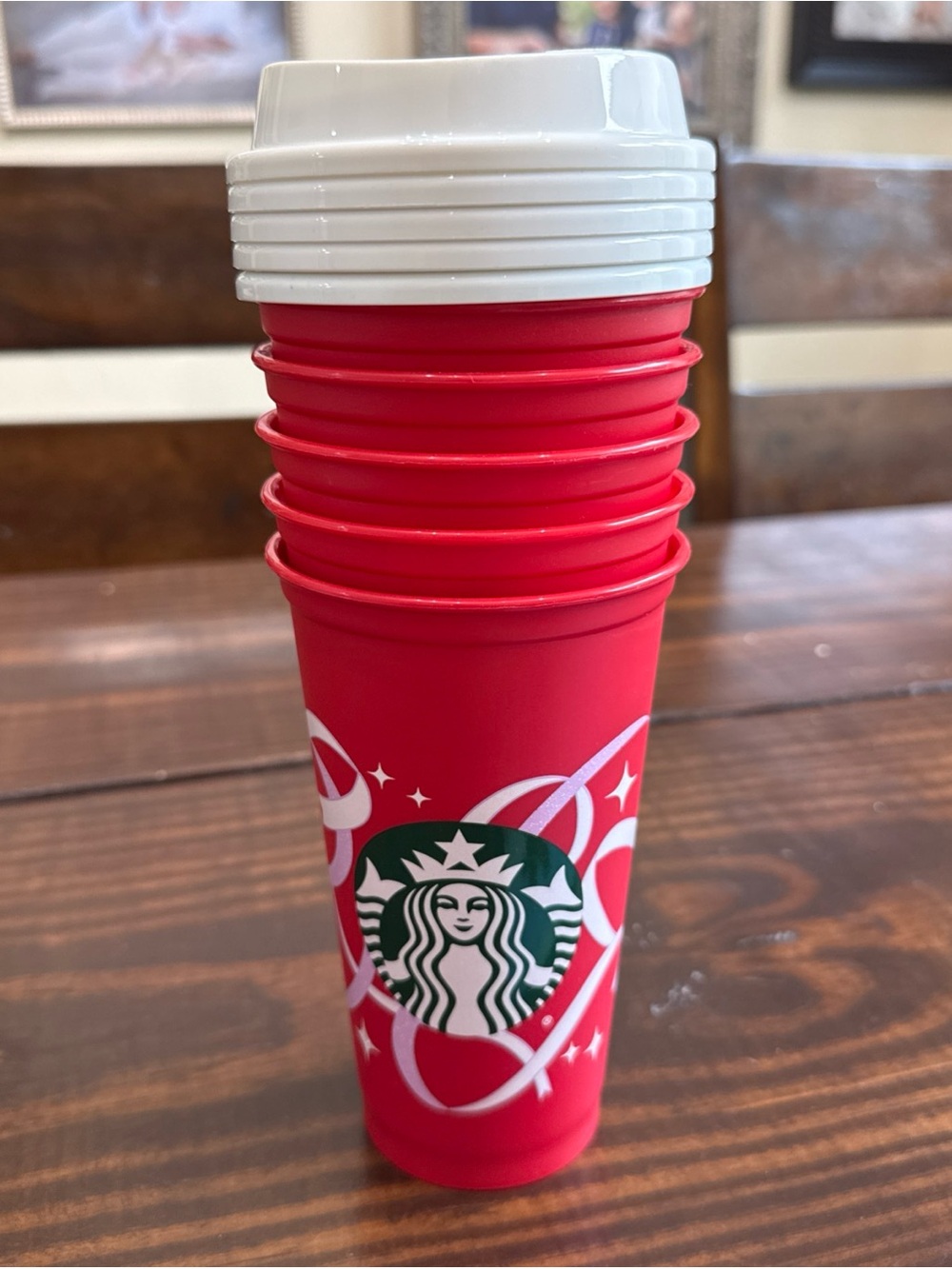 Starbucks Red Holiday Stackable Cups with White Lids Bundle of 5 cups & lids